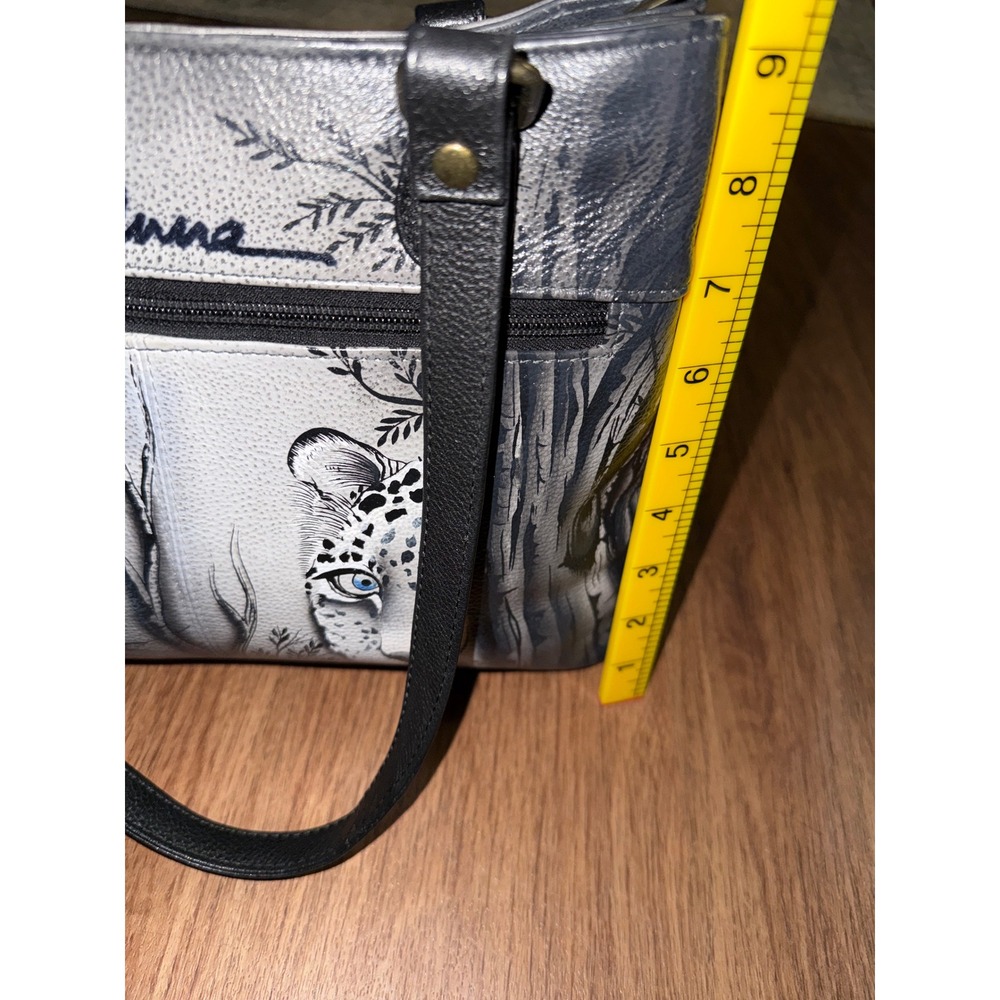 Anna Hand Painted Leather Leopard Tote Bag Gray Blue Eyes Shoulder Bag Artisan - Picture 3 of 14